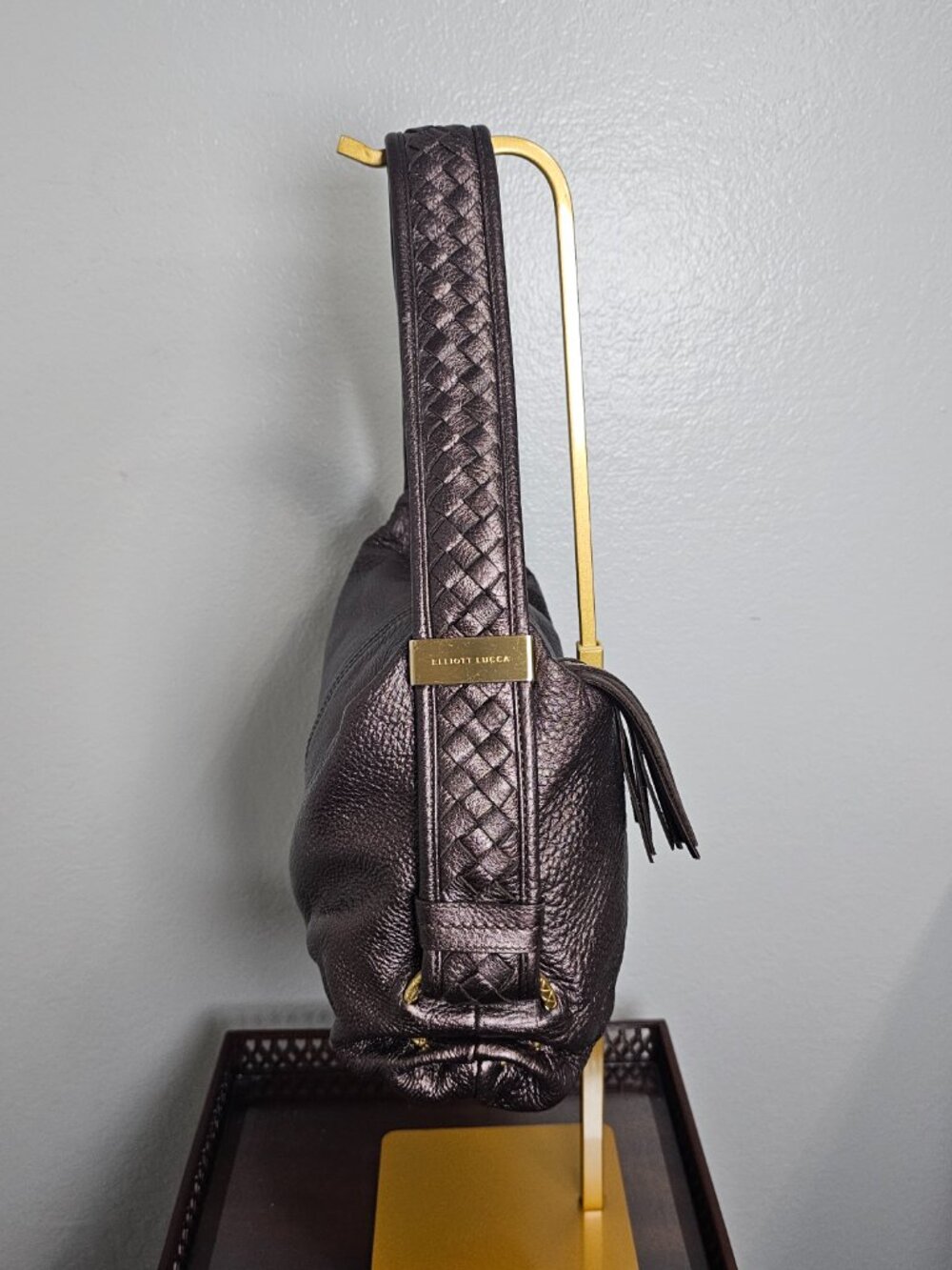 Elliott Lucca Metallic Bronze Leather Hobo Bag - Woven Strap & Tassel - Gold HW - Picture 4 of 10